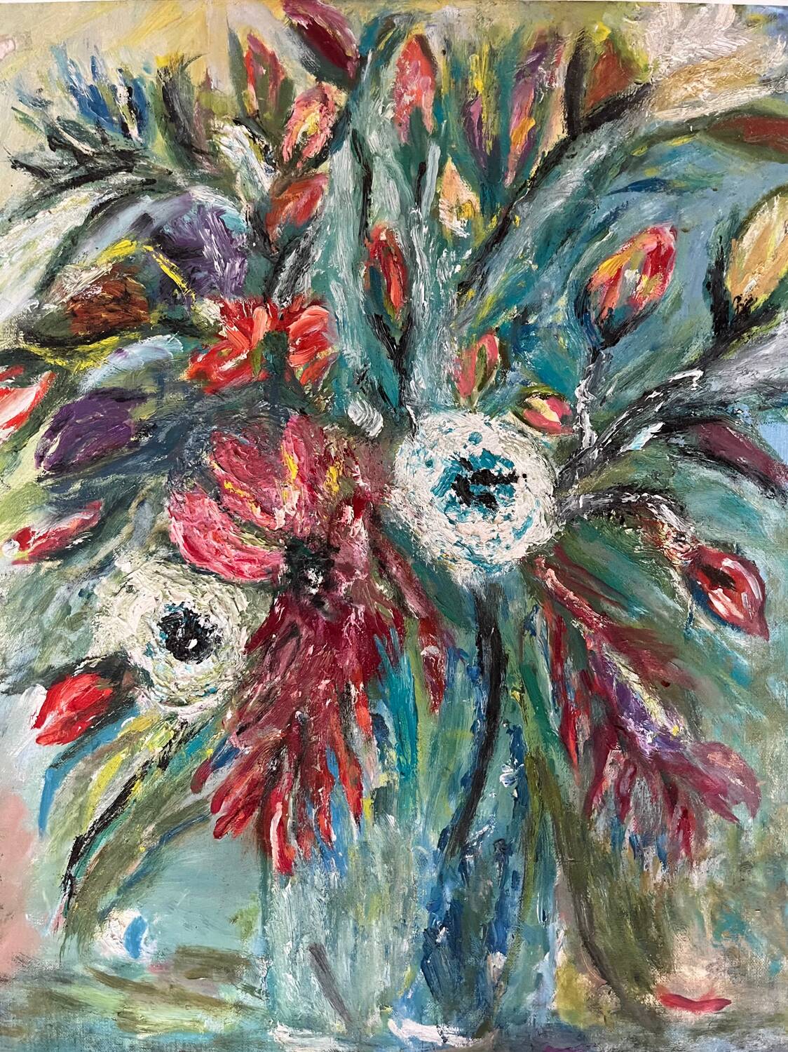 Painting: Oil on cardboard - Fauvism bouquet