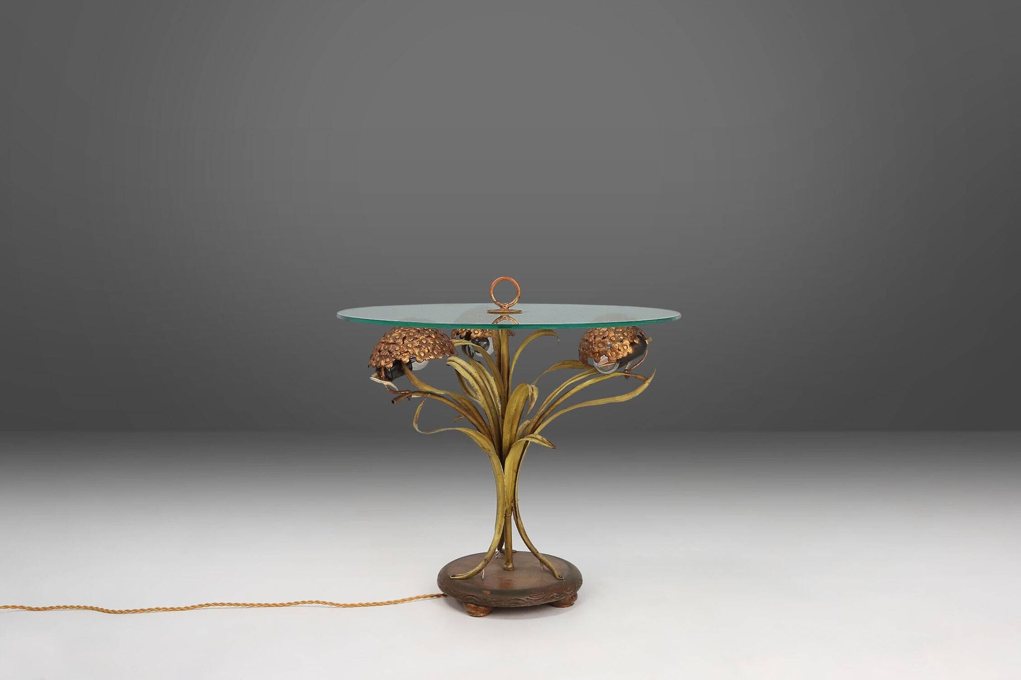 Table basse de style Hollywood Regency avec éclairage et fleurs en laiton, France