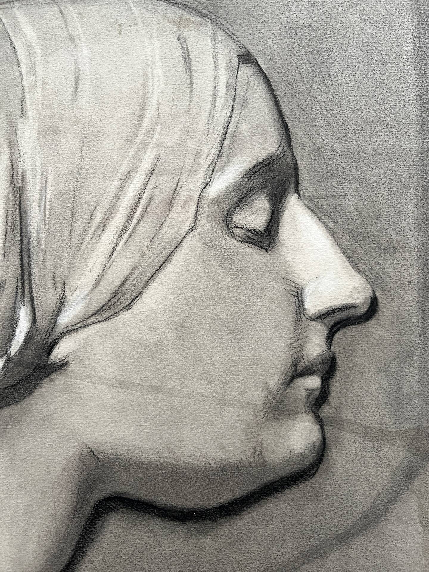 Old academic drawing, profile portrait of a woman by Deleiderrier 1901