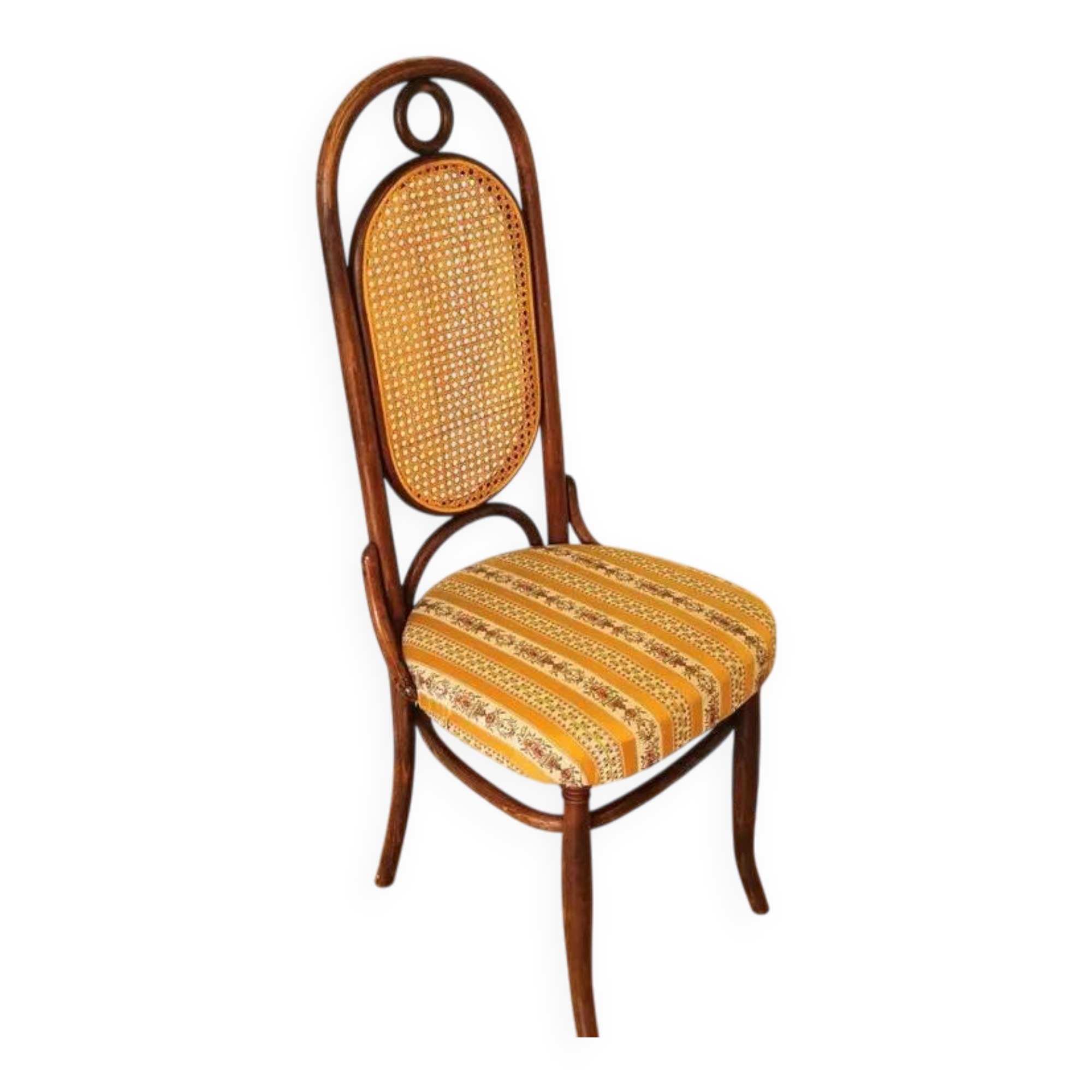 Vintage Thonet Bentwood Chair: Retro Fabric, Cane Backrest, 1970s Yugoslavi