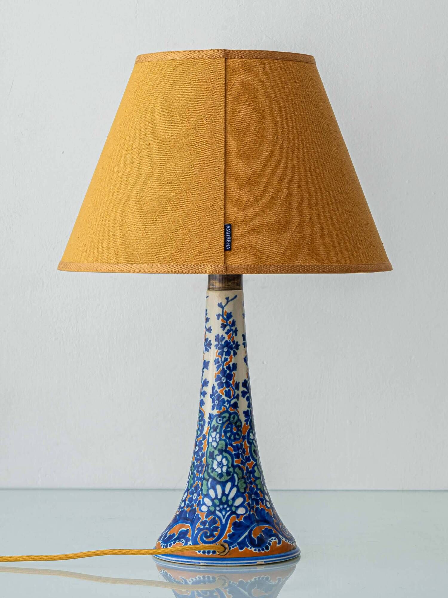 Antique Art Deco Gouda Pottery Table Lamp, c. 1910-35, New Ochre Linen Shade