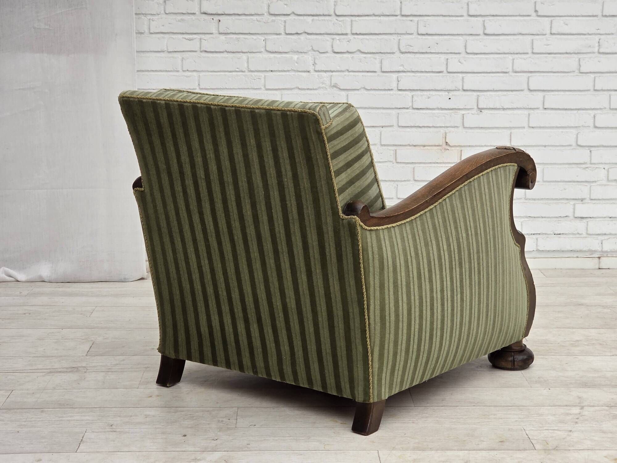 1950s, Danish relax armchair, green furniture velour, carved oak wood.