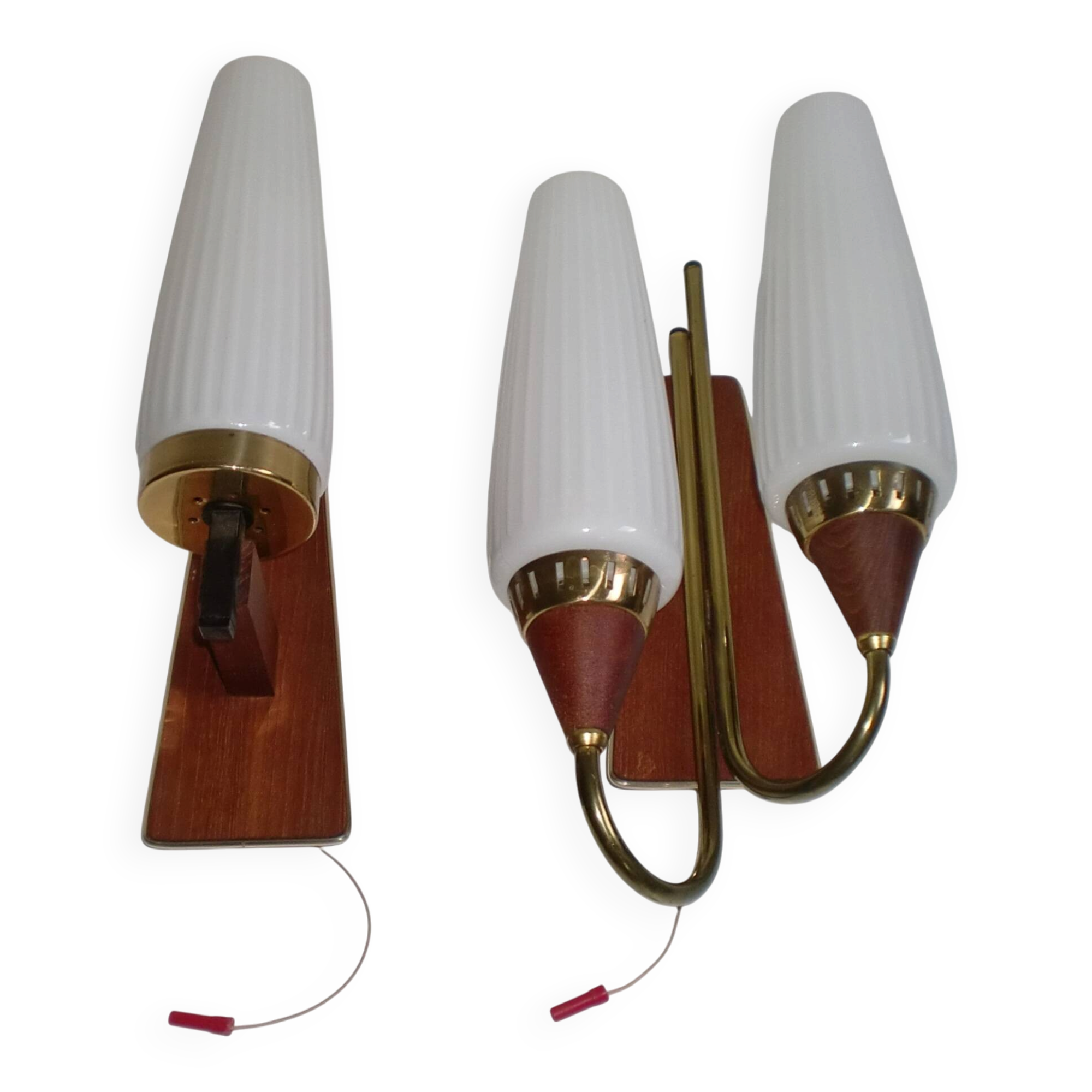 2x Danish Design 50s 60s Wall Lamps, Teak & Brass Sconces