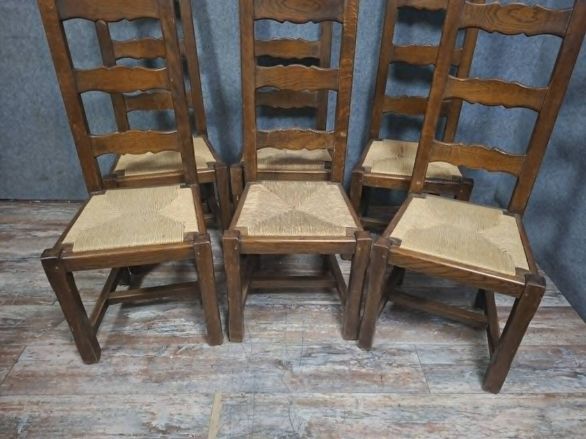Set of six rustic chairs in natural wood, regional French craftsmanship.