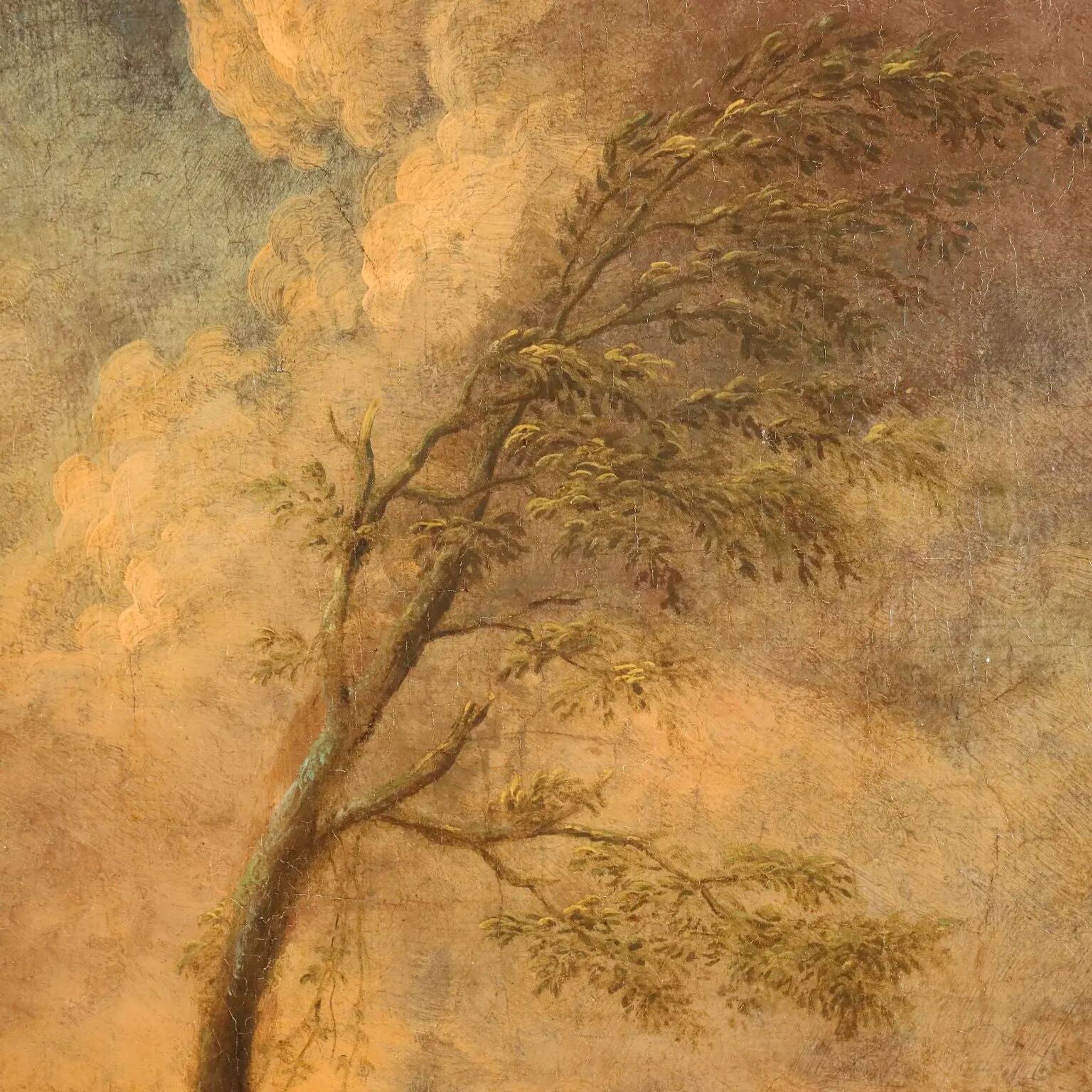 Landscape painting with figures and herds, oil on canvas, 18th century.