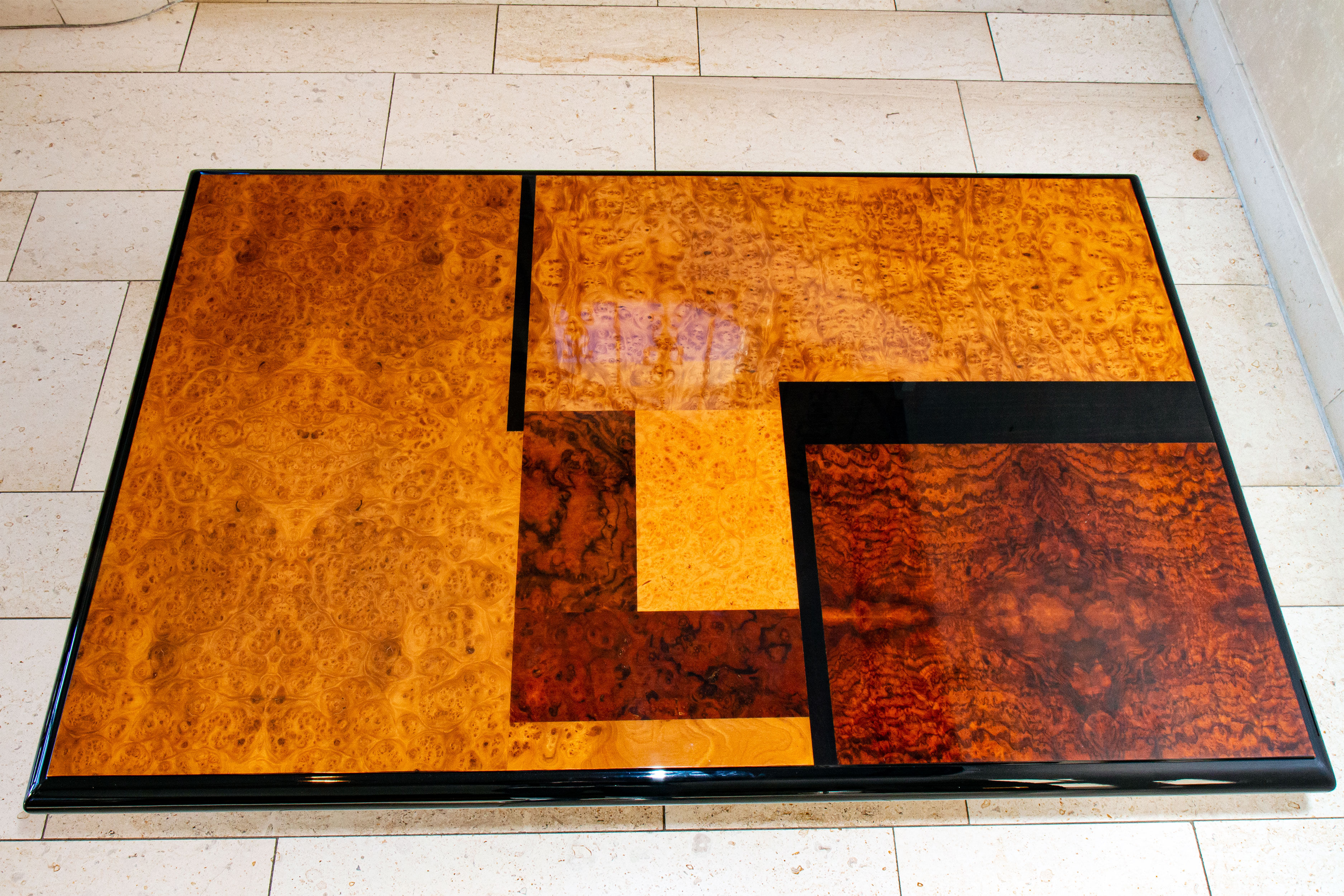 Coffee table, elm magnifying glass marquetry, bramble and black lacquer, 1980