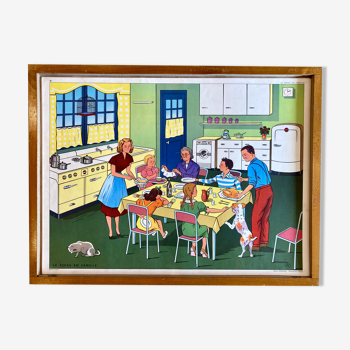 Affiche pédagogique élocution Rossignol vintage années 60 - le repas en famille et la maladie