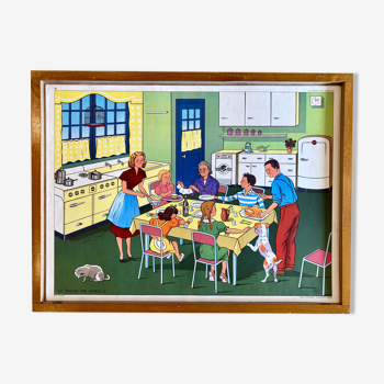 Educational poster elocution Rossignol vintage 60s - the family meal and illness