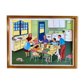 Educational poster elocution Rossignol vintage 60s - the family meal and illness