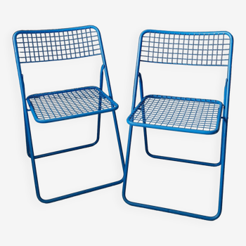 Set of 2 blue metal Rappen (Ted Net) folding chairs by Niels Gammelgaard for Ikea, 1980s