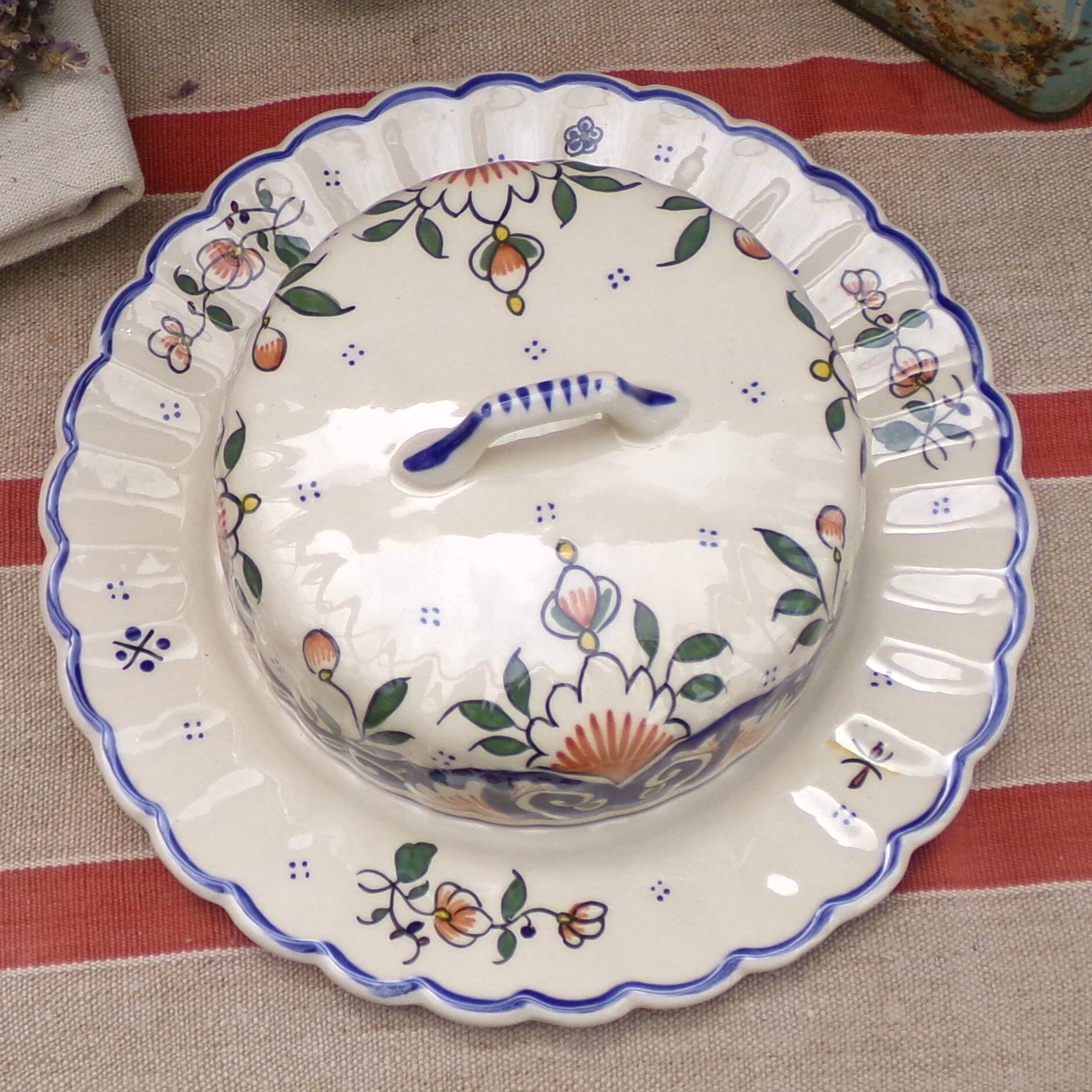 Camembert dish or butter dish in Rouen earthenware