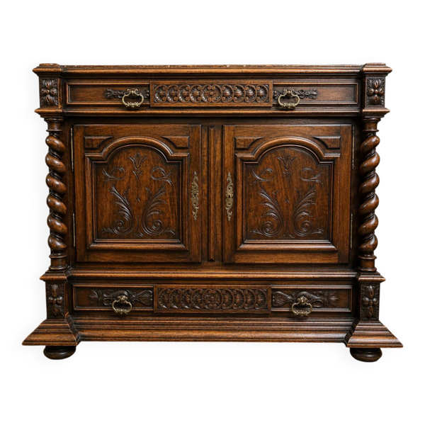 Meuble pantalonniére en bois sculpté – Colonnes torses – Dessus de marbre