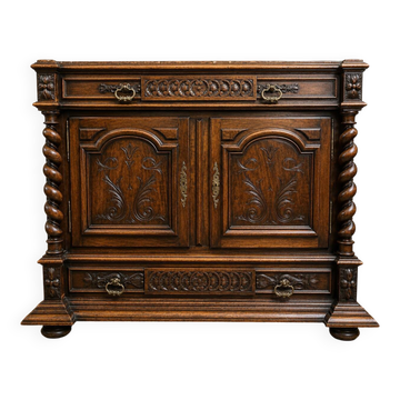Meuble pantalonniére en bois sculpté – Colonnes torses – Dessus de marbre