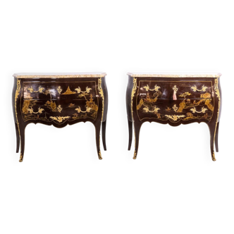 Pair of Louis XV style chests of drawers in lacquer and bronze. 1950s.