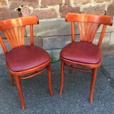 Pair of restaurant chairs curved wood imitation vintage leather 1970s