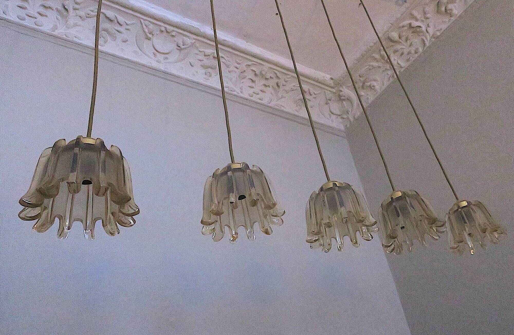 Set of 5 Doria  pendant lights in brass and amber-coloured glass, 1960s
