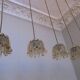Set of 5 Doria  pendant lights in brass and amber-coloured glass, 1960s