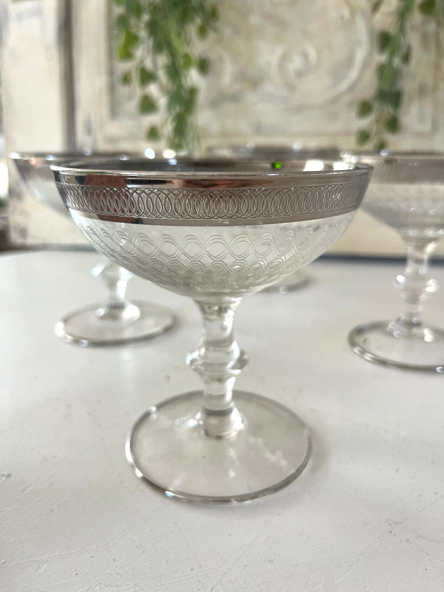 Etched silver rim cocktail coupe glasses set mid century barware
