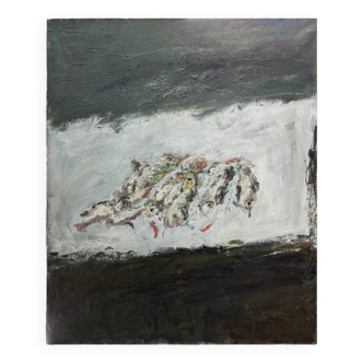 Large painting, oil on canvas, sardines, signed maly 1974, oil on canvas, 162x130cm, without frame