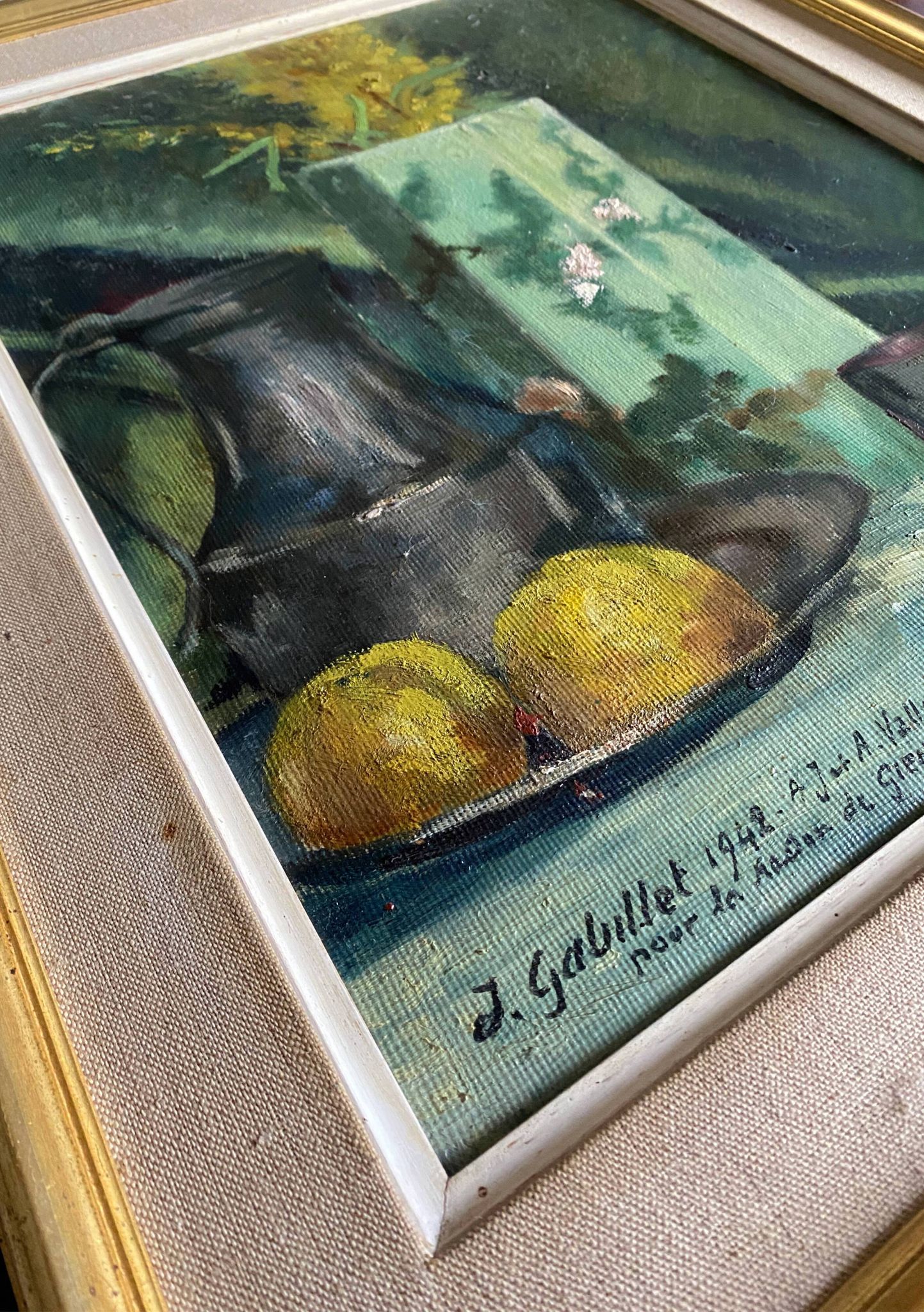 HSP painting "Bouquet of forsythia with lemons" signed A. Gabillet 1942