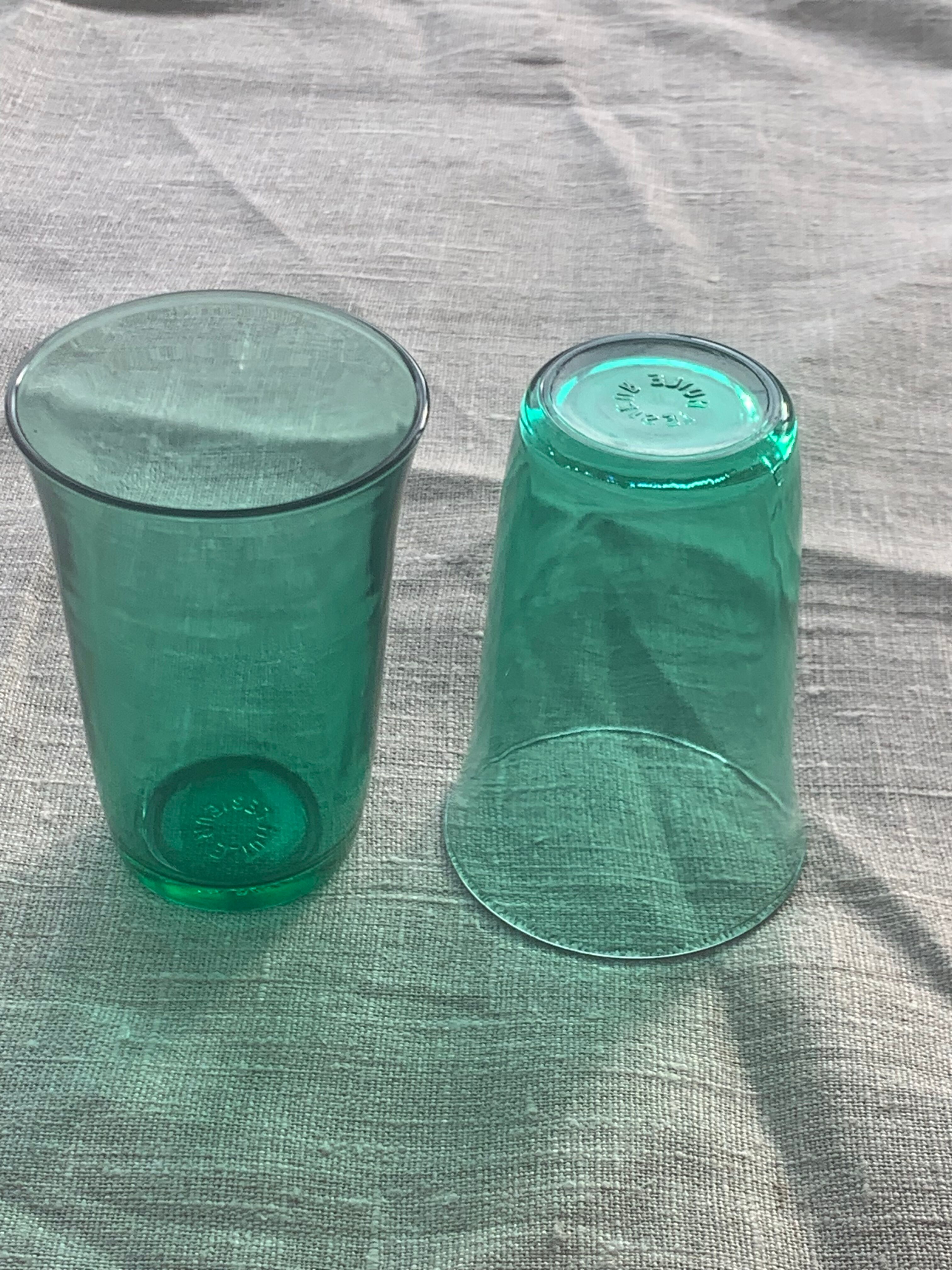 7 water glasses in green glass advertising vintage Lesieur oil