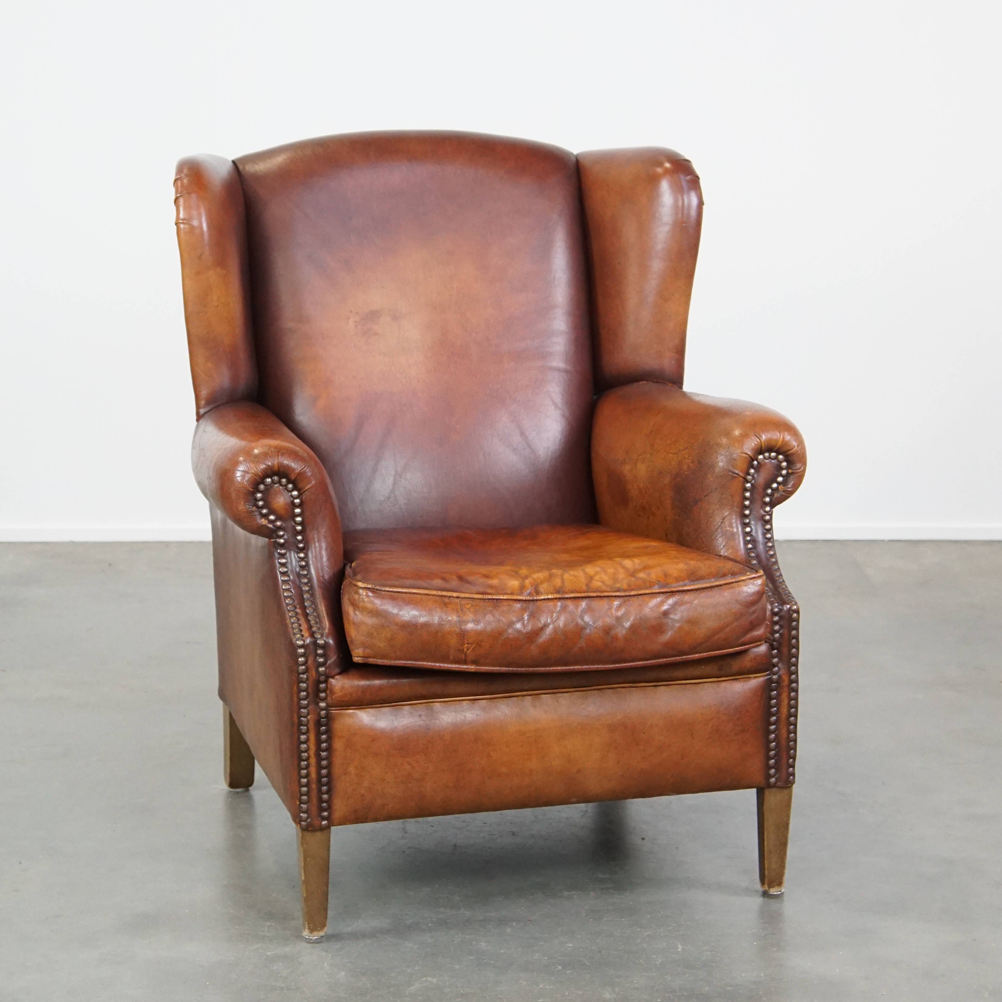 Vintage English-Style Sheepskin Leather Wingback Armchair