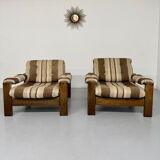 2 vintage 1970s wooden and fabric armchairs