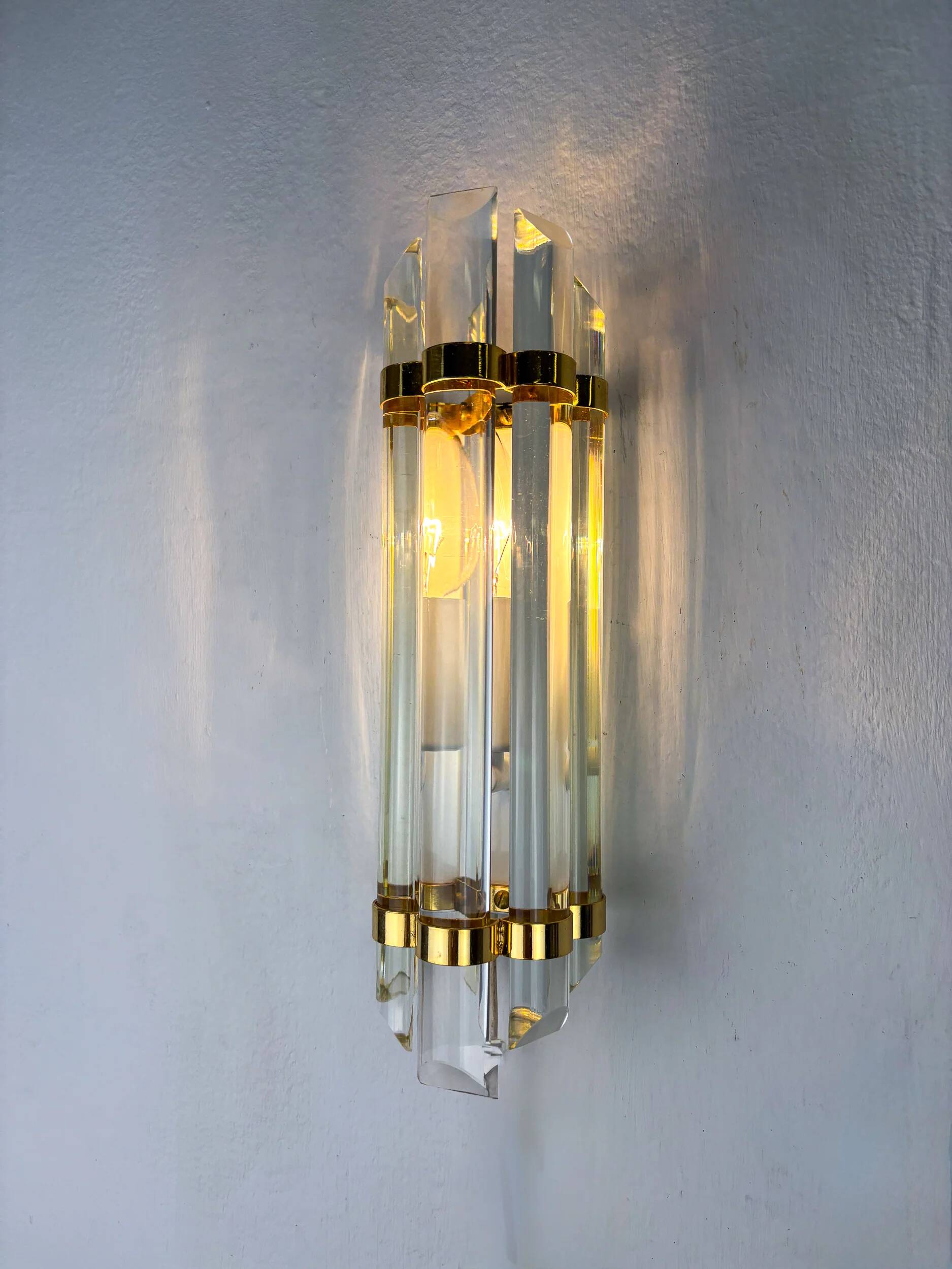 Pair of Venini half-moon wall lights – cut crystal glass & brass, Italy 1970s