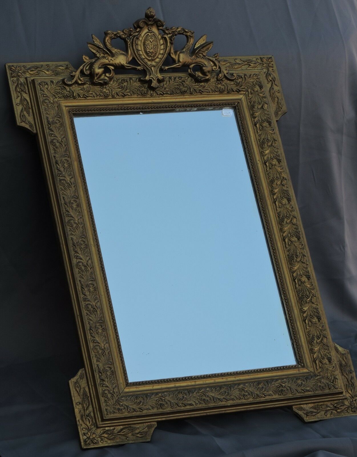 Glass or golden mirror of old fireplace 67x100cm pediment with chimeras