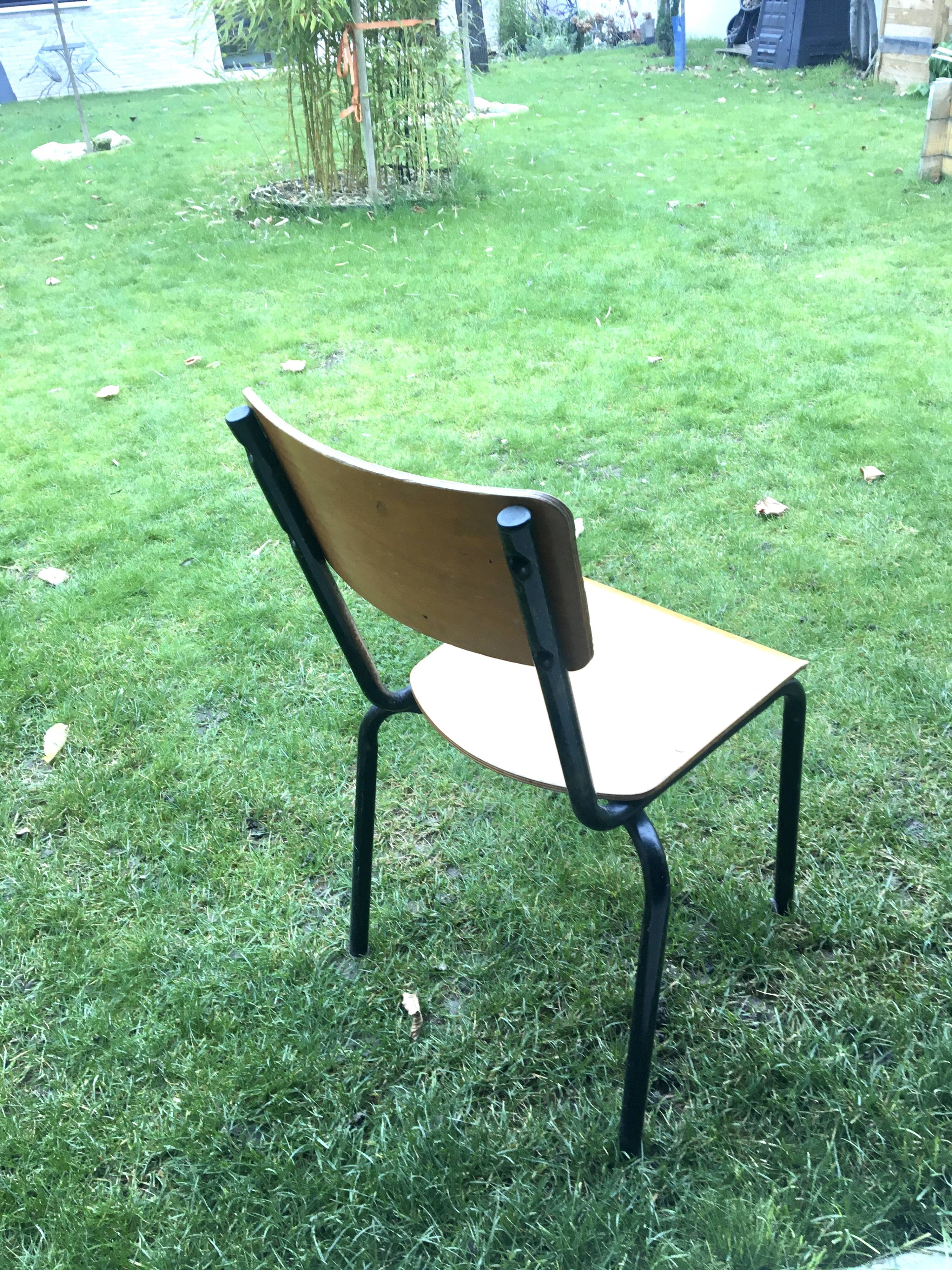 Vintage beech school chair and black steel foot