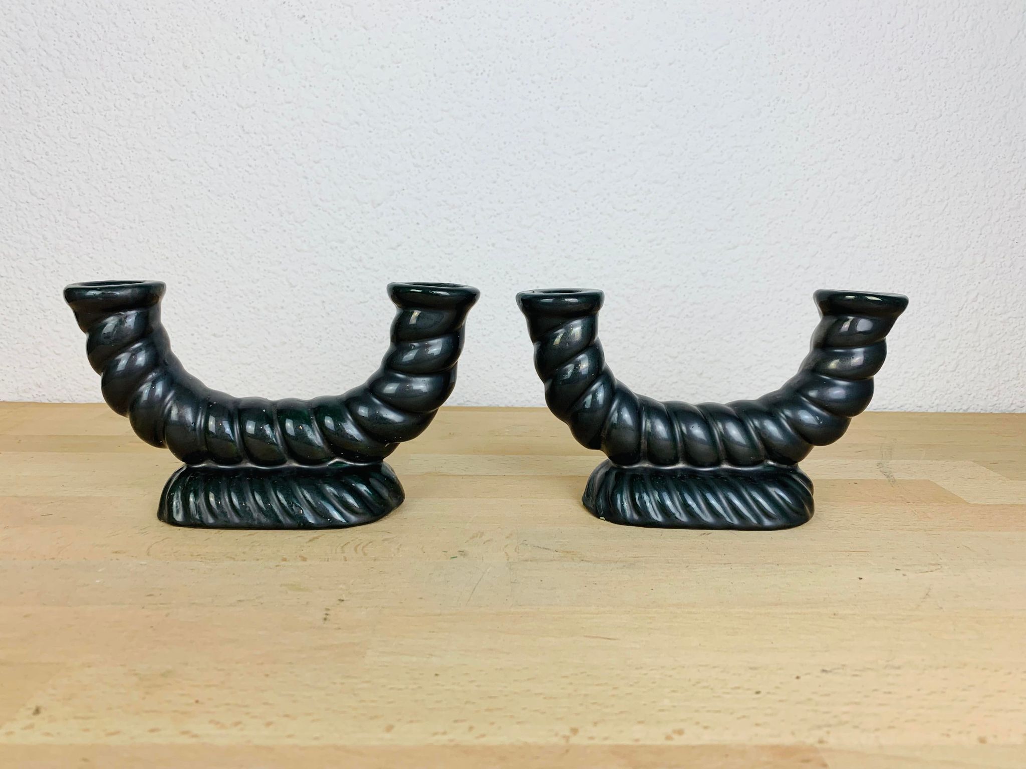 Pair of black Longchamp ceramic candle holders 50s