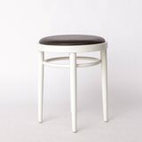 Vintage Thonet Stool – White Lacquered Wood & Brown Leather – 1990s–2000s