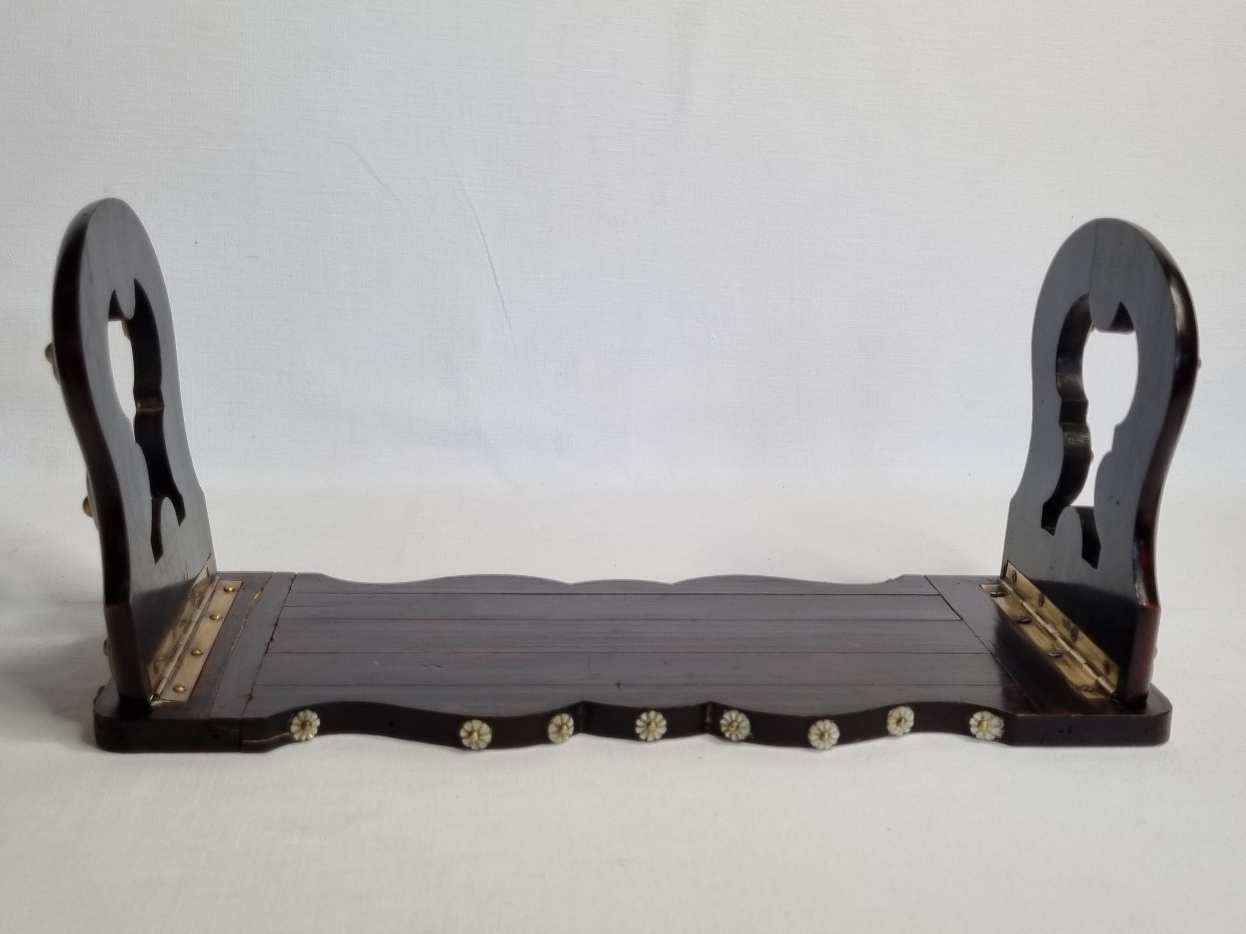 Folding bookends in wood and mother-of-pearl