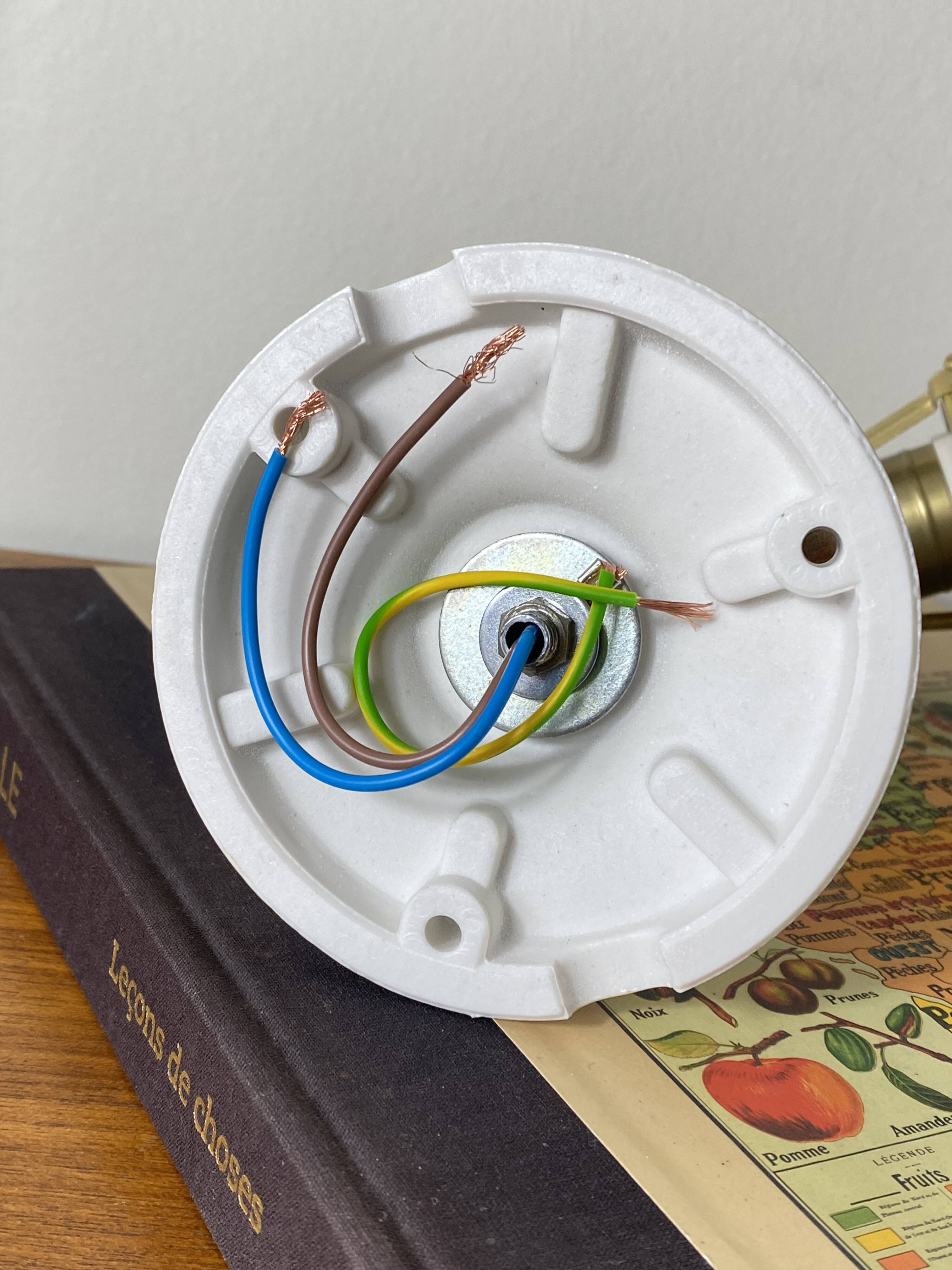 Swan neck wall light in brass with rose petal glass shade.