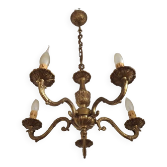 Lustre Vintage Français à 5 Lumières Traditionnel en Bronze