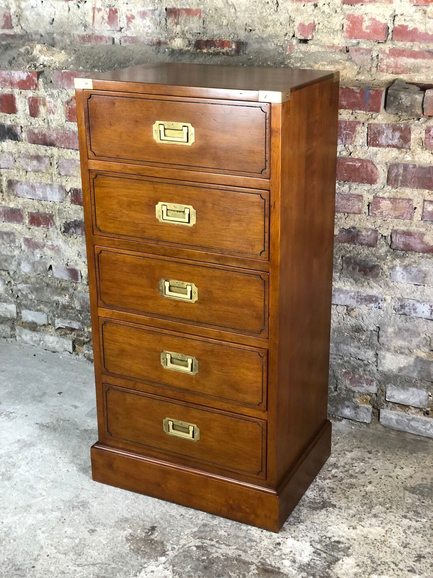 Chiffonnier / storage cabinet 5 drawers in rubber tree tint walnut and brass