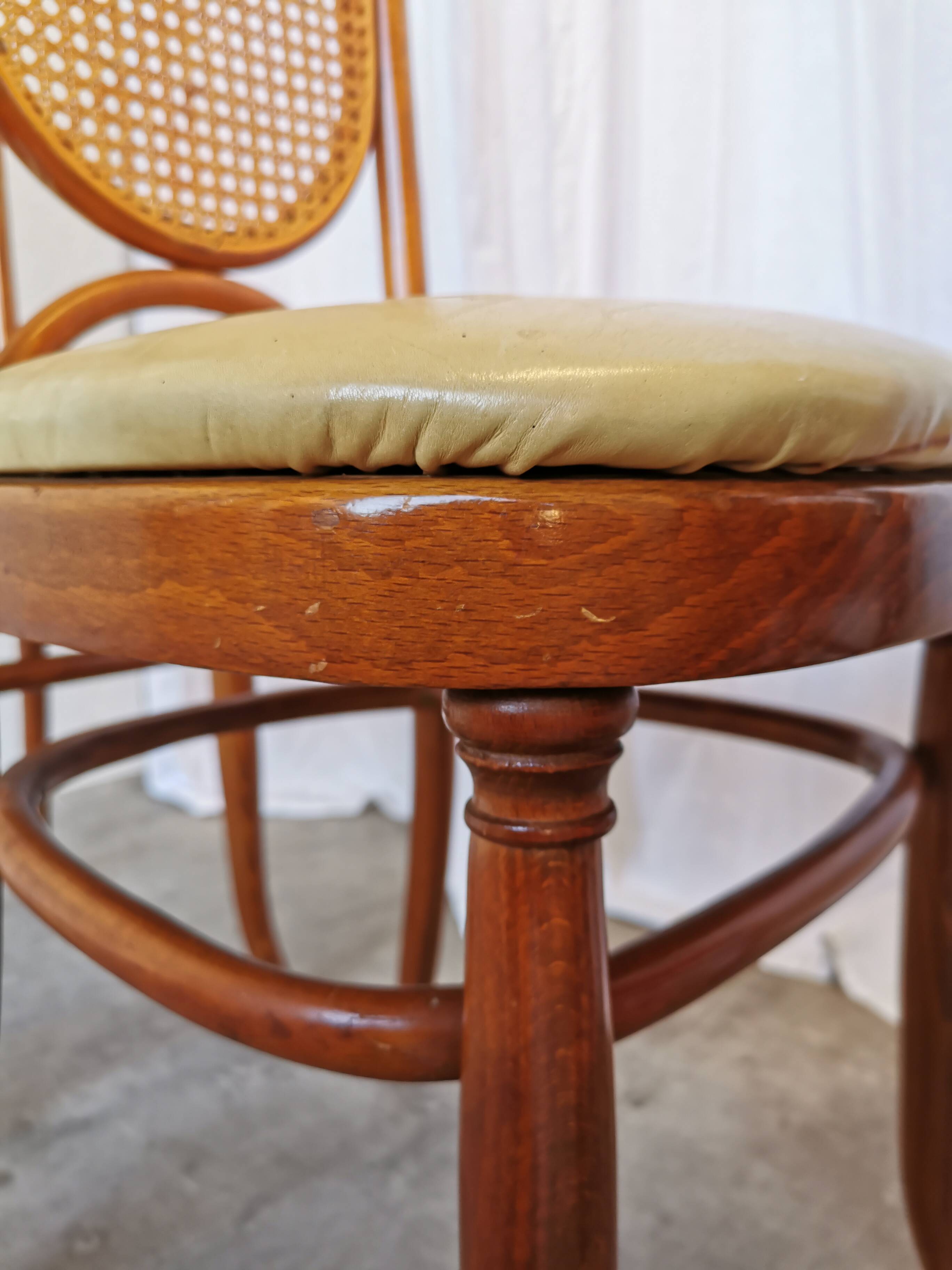 Set of 4 Vintage Bentwood Dining Chairs: Cane Back, Leather Seat, Thonet St