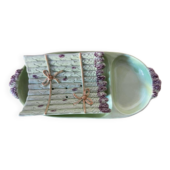 Anciens plats à asperges en porcelaine barbotine