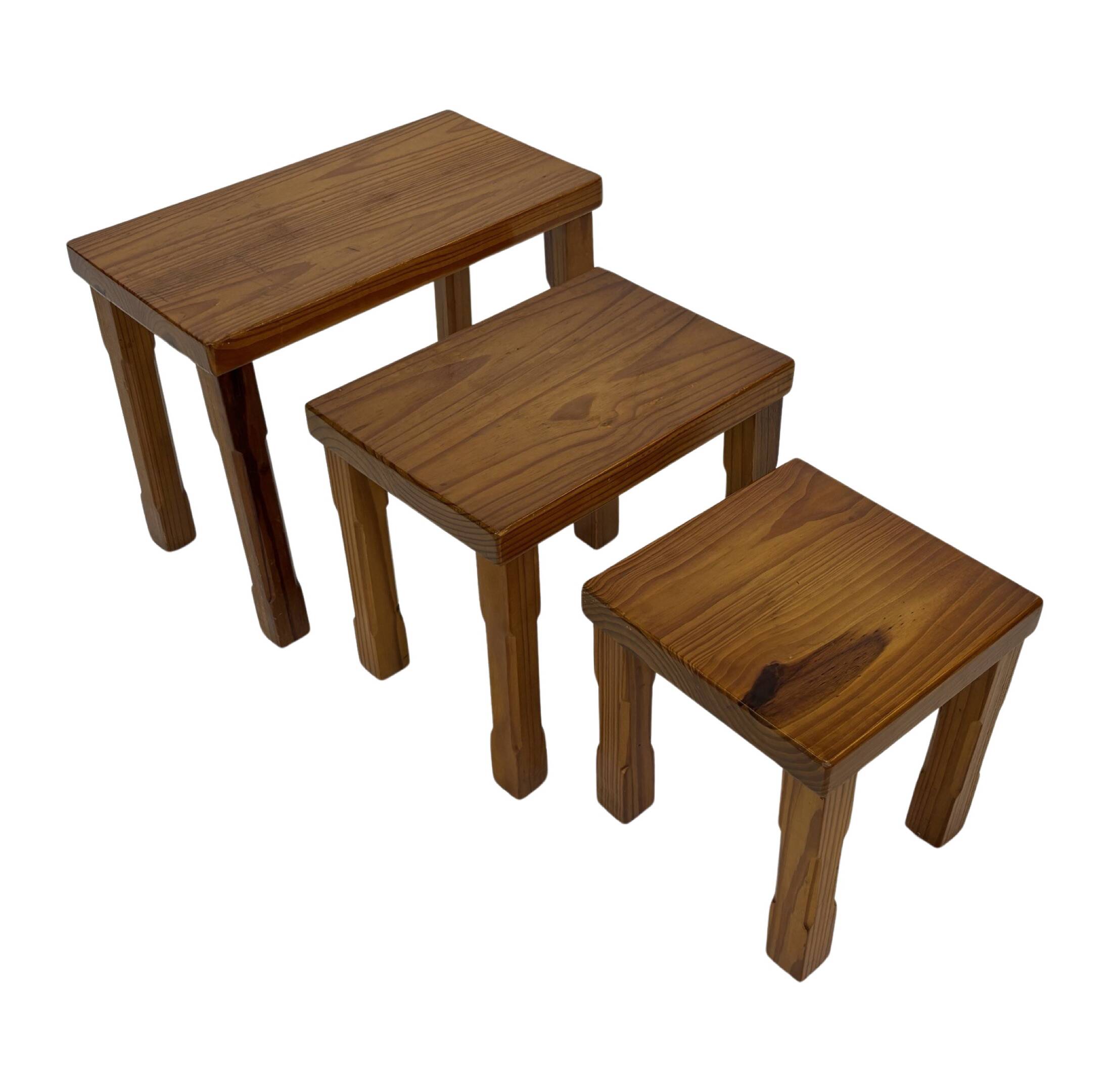 Vintage Set of 3 pinewood side or nesting tables 1970s nest of tables