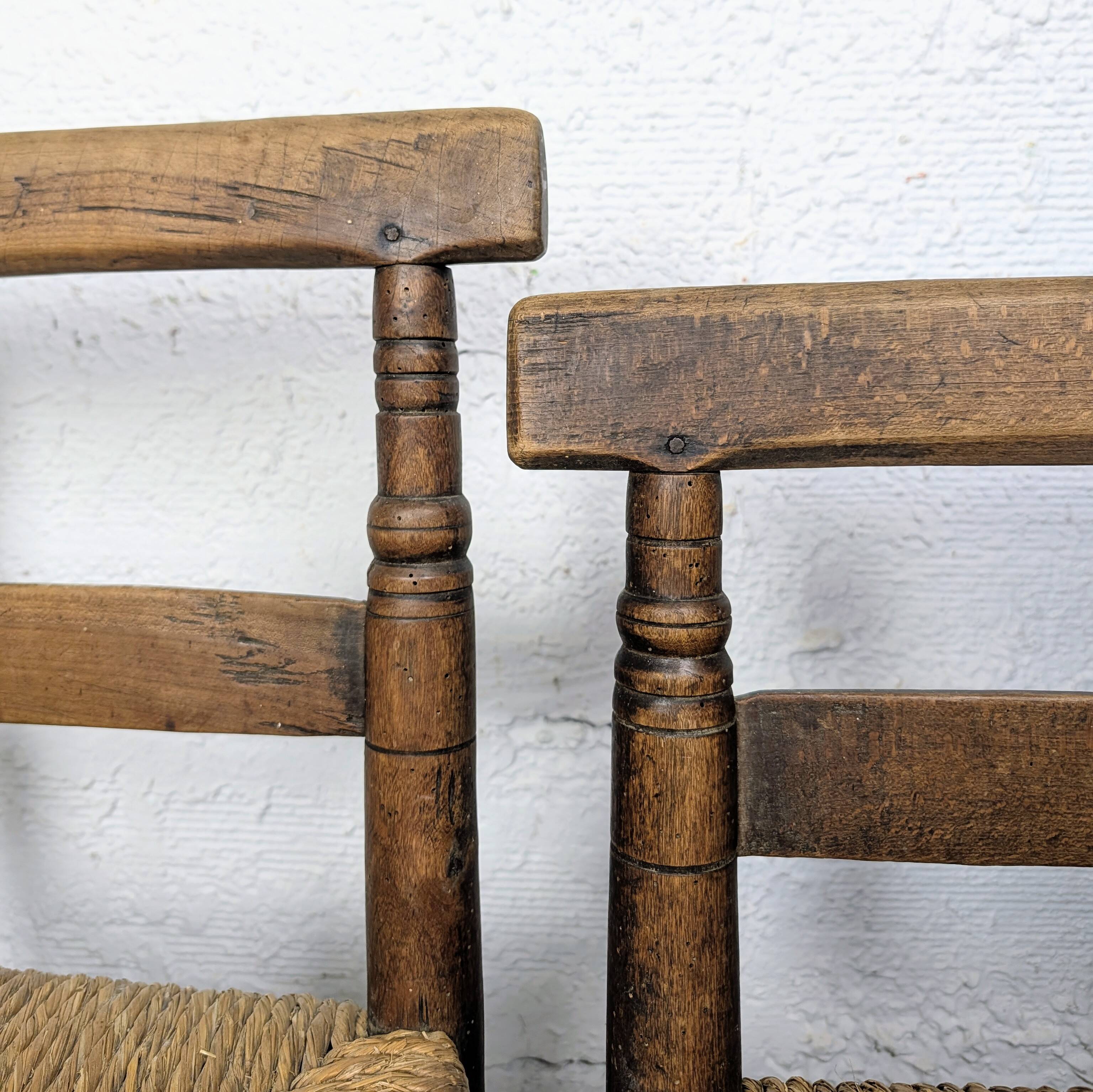 Pair of turned wooden farm chairs with straw - 19th century