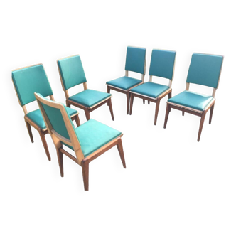 Suite de 6 chaises vintage bois et simili cuir vert