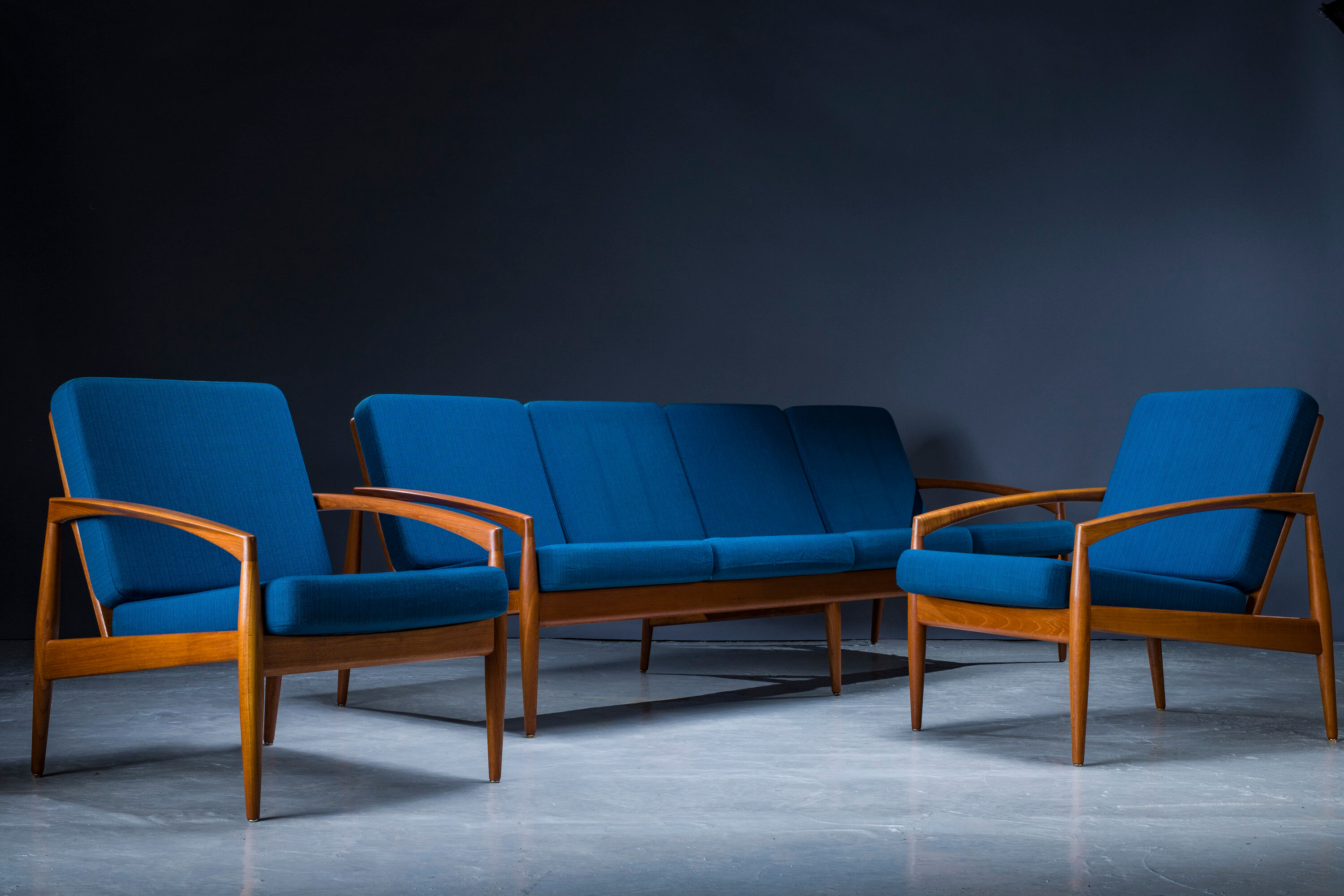 Model 121 Paper Knife Easy Chairs and Sofa by Kai Kristiansen for Magnus Olesen, 1960s, Set of 3