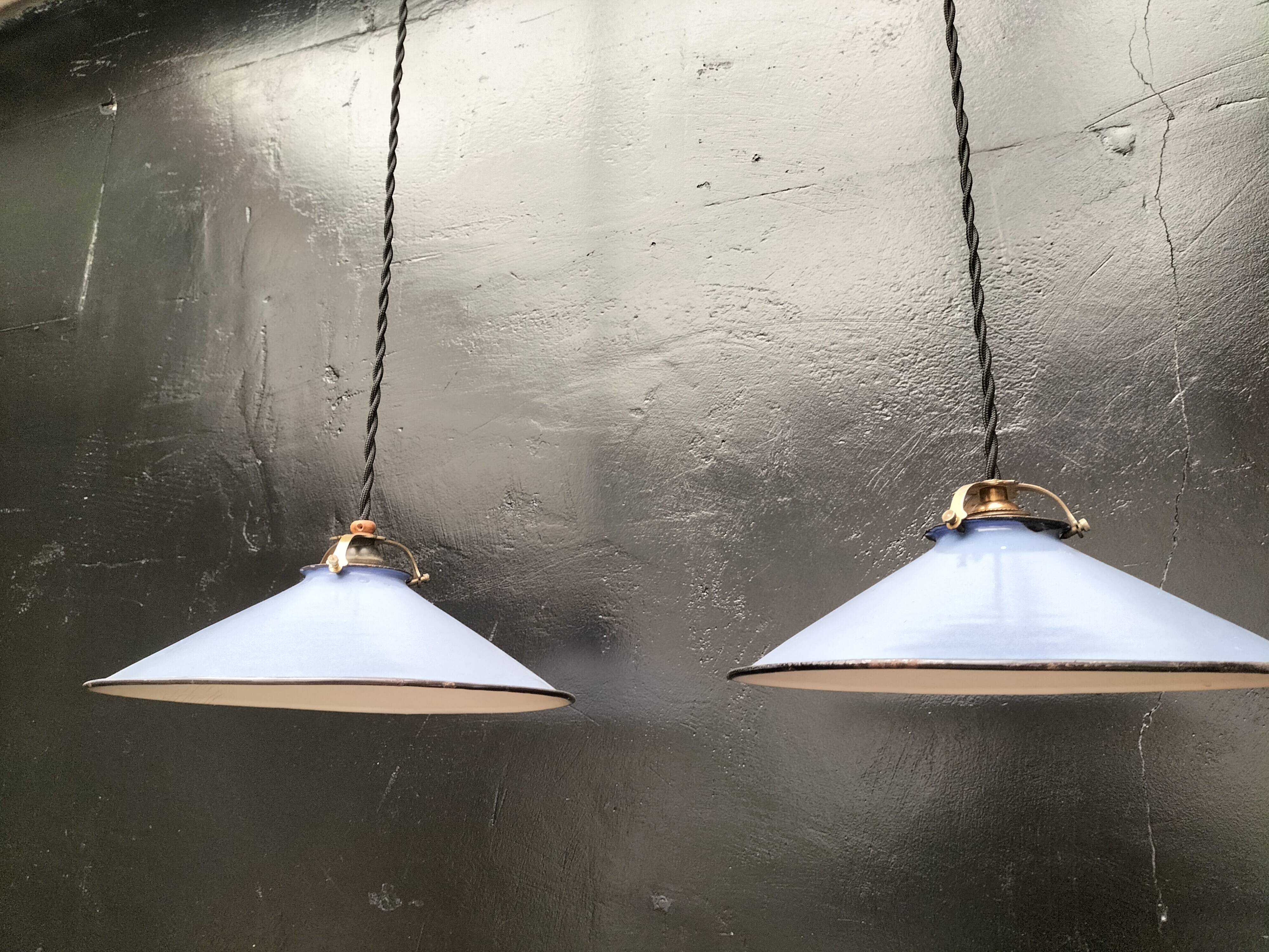 Pair of blue enameled sheet metal pendant lights