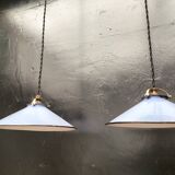 Pair of blue enameled sheet metal pendant lights