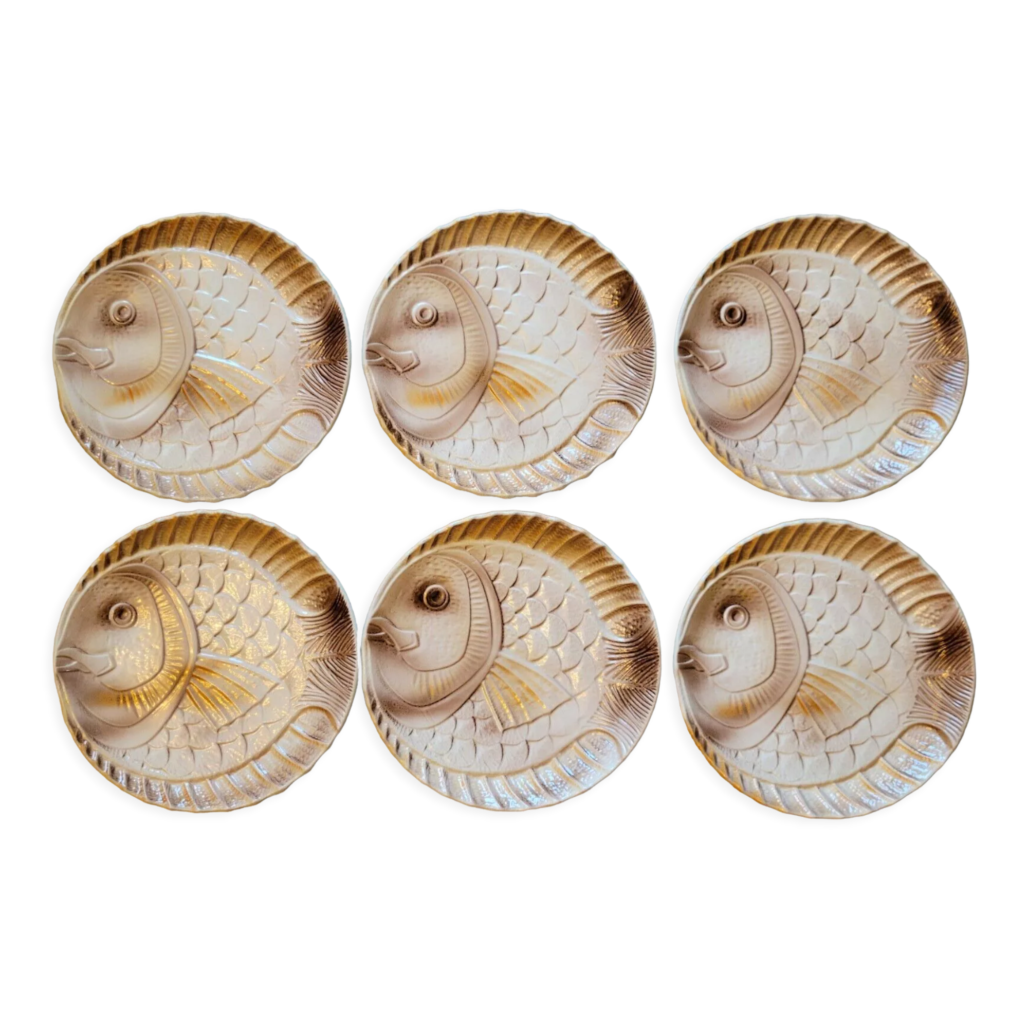 6 flat plates fish décor in slurry Sarreguemines vintage