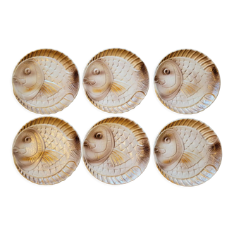 6 flat plates fish décor in slurry Sarreguemines vintage