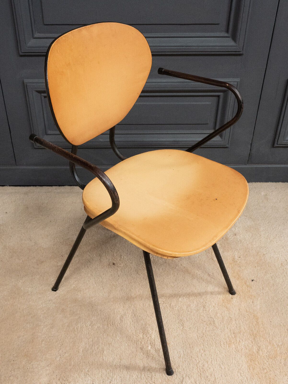 Office chair 1960 tubular seat skaï patina cream