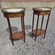 Pair of Louis XVI style bedside tables in mahogany, with marble tops.