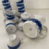 Service of 11 Coffee Cups and Saucers - 70s Design - White and Blue Porcelain