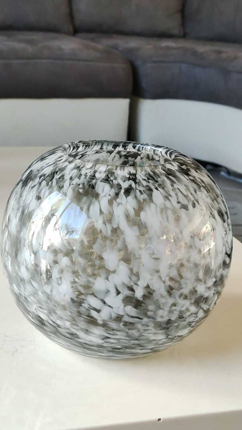 Spherical/ball vase in blown art glass. lsa international. smoked gray speckled white. size 14 x 15 cm